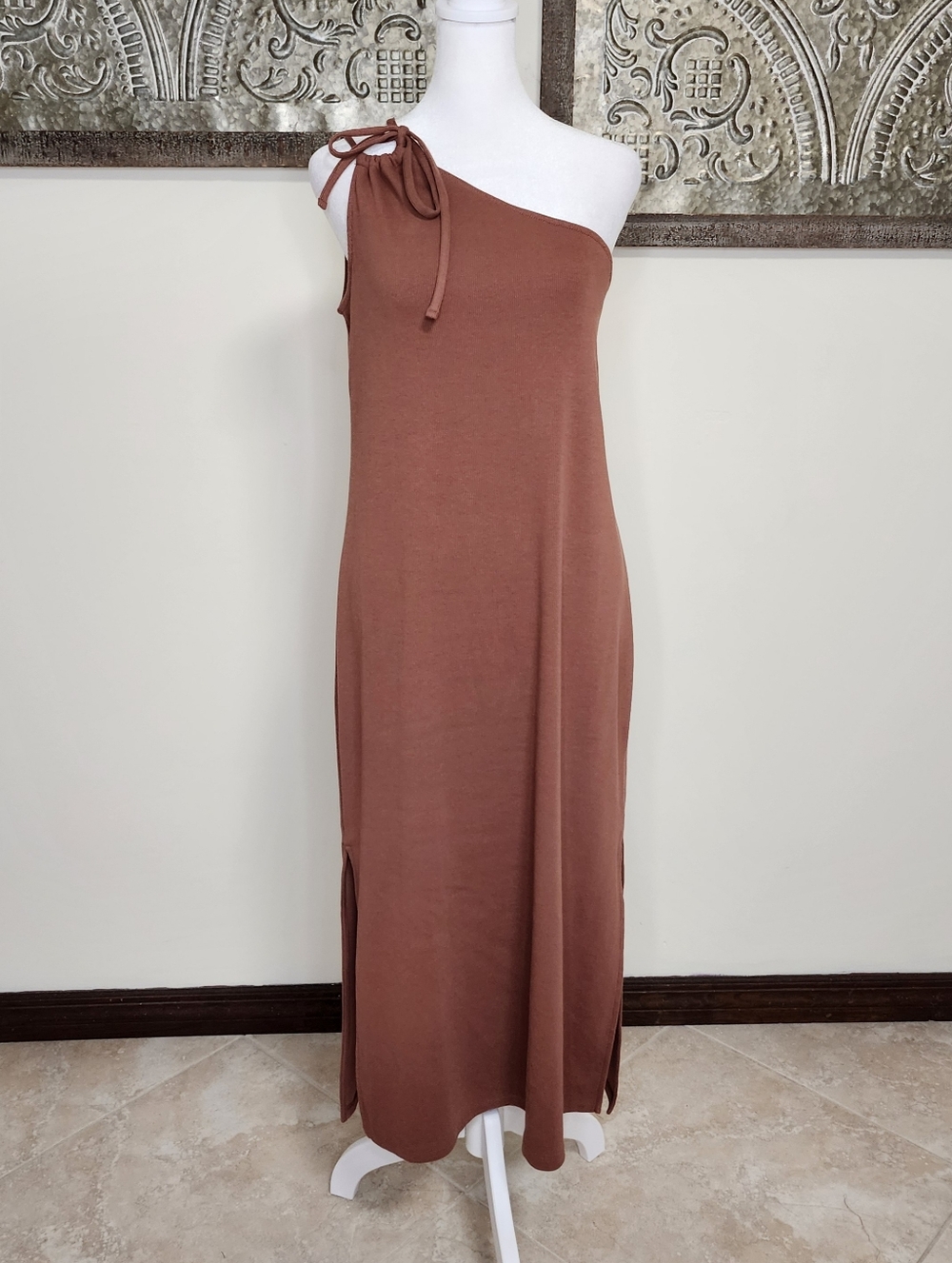 Old Navy Mocha Mousse One-Shoulder Ribbed Tie-Strap Cotton Midi Dress XL Casual